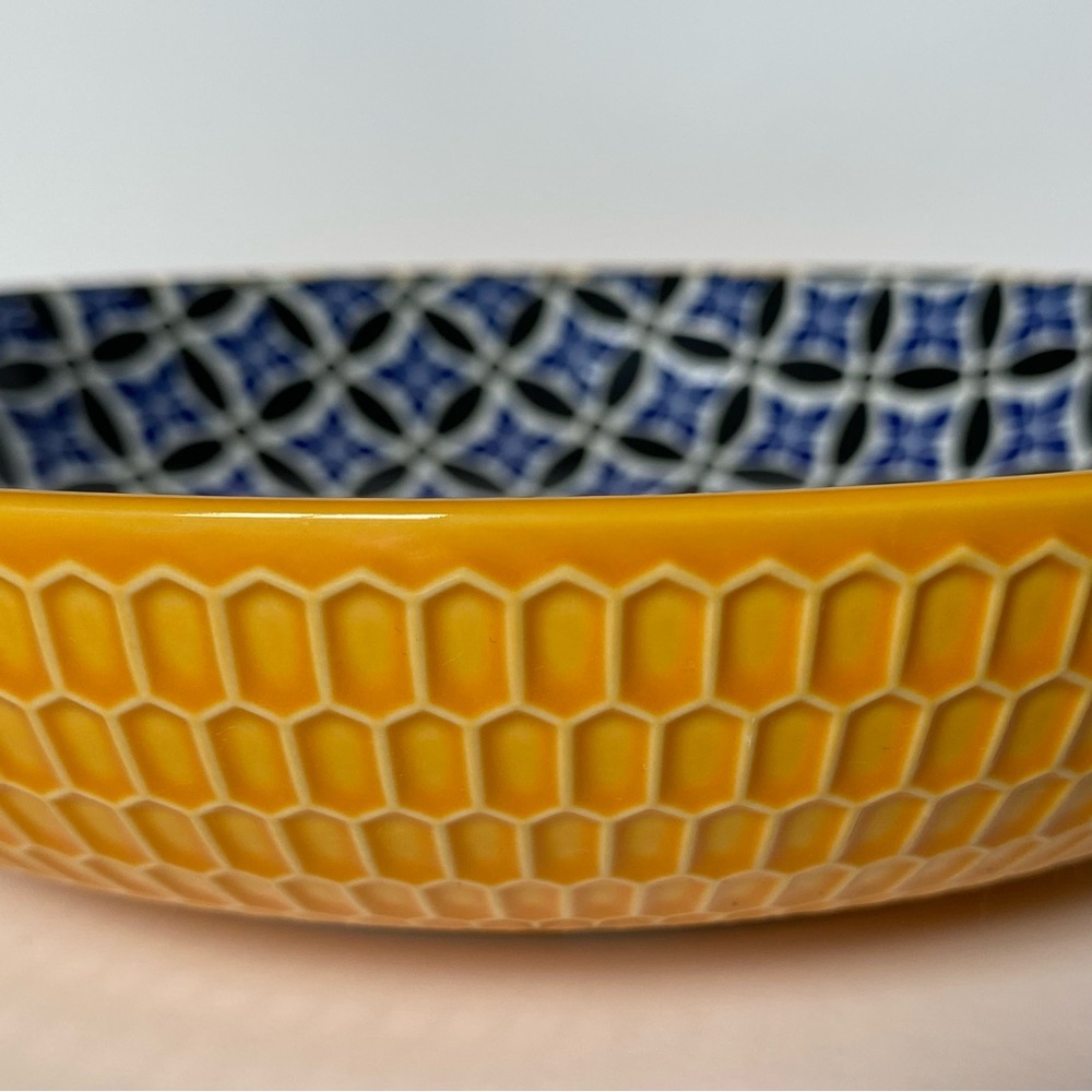 Metahom Serving Bowl Ceramic 8.75” Blue Yellow Honeycomb Bottom Floral Print - Picture 14 of 16